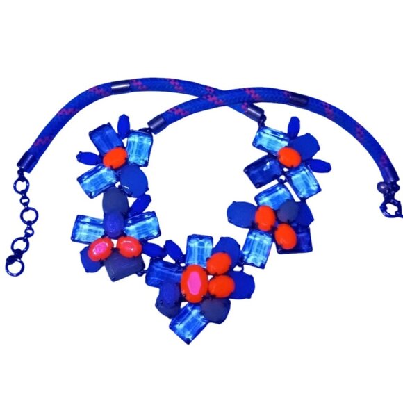 J. CREW Signed Vintage Chunky Blue Orange Rhinestone Floral Necklace Gold Tone - Picture 16 of 16